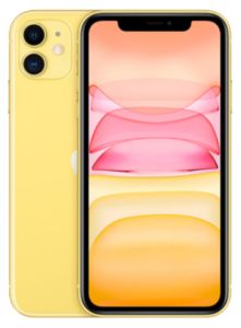 iPhone 11 reparation farverig farver på skærmen med gul bag cover og med to kamera